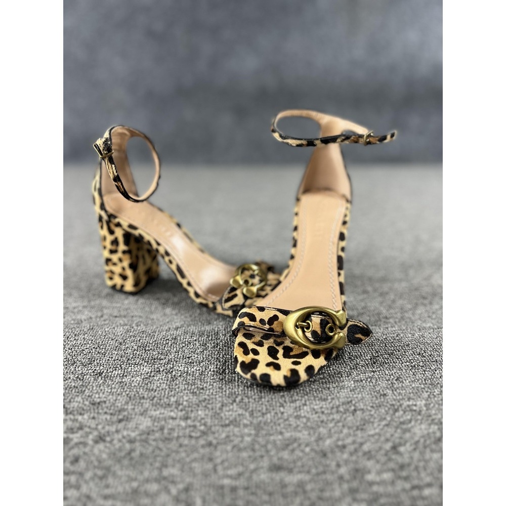 Coach Sandals Womens 5.5 Brown Leopard Animal Block Heel Ankle Strap Logo